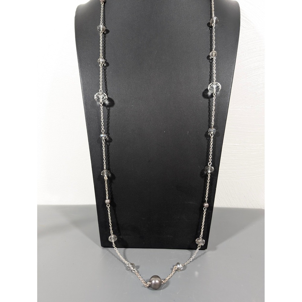 Long Station Necklace‎ Faceted Glass Beads Acrylic Faux Pearls Silver Tone 40"